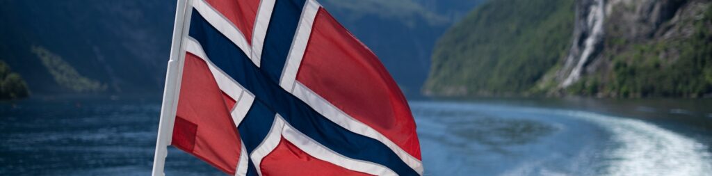 A flag flying from a boat in a body of water